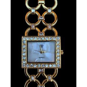 Elizabeth Taylor White Diamonds Gold Rhinestone Quartz Ladies Watch 8” Link Band